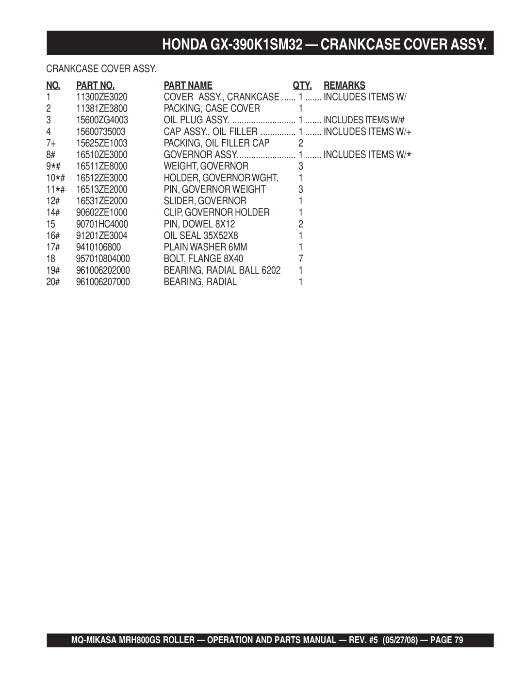 Multiquip GX390K1SM32 manual WEIGHT, Governor, SLIDER, Governor, Plain Washer 6MM, BEARING, Radial 