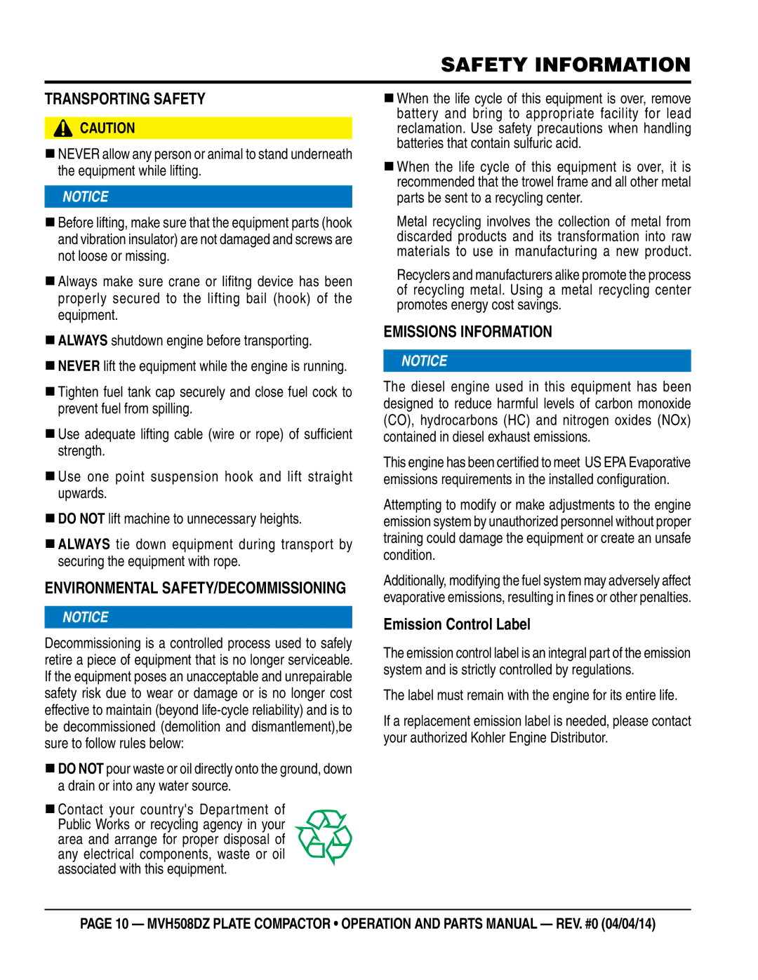 Multiquip HATZ1D81S-325 manual Transporting Safety, Emissions Information 