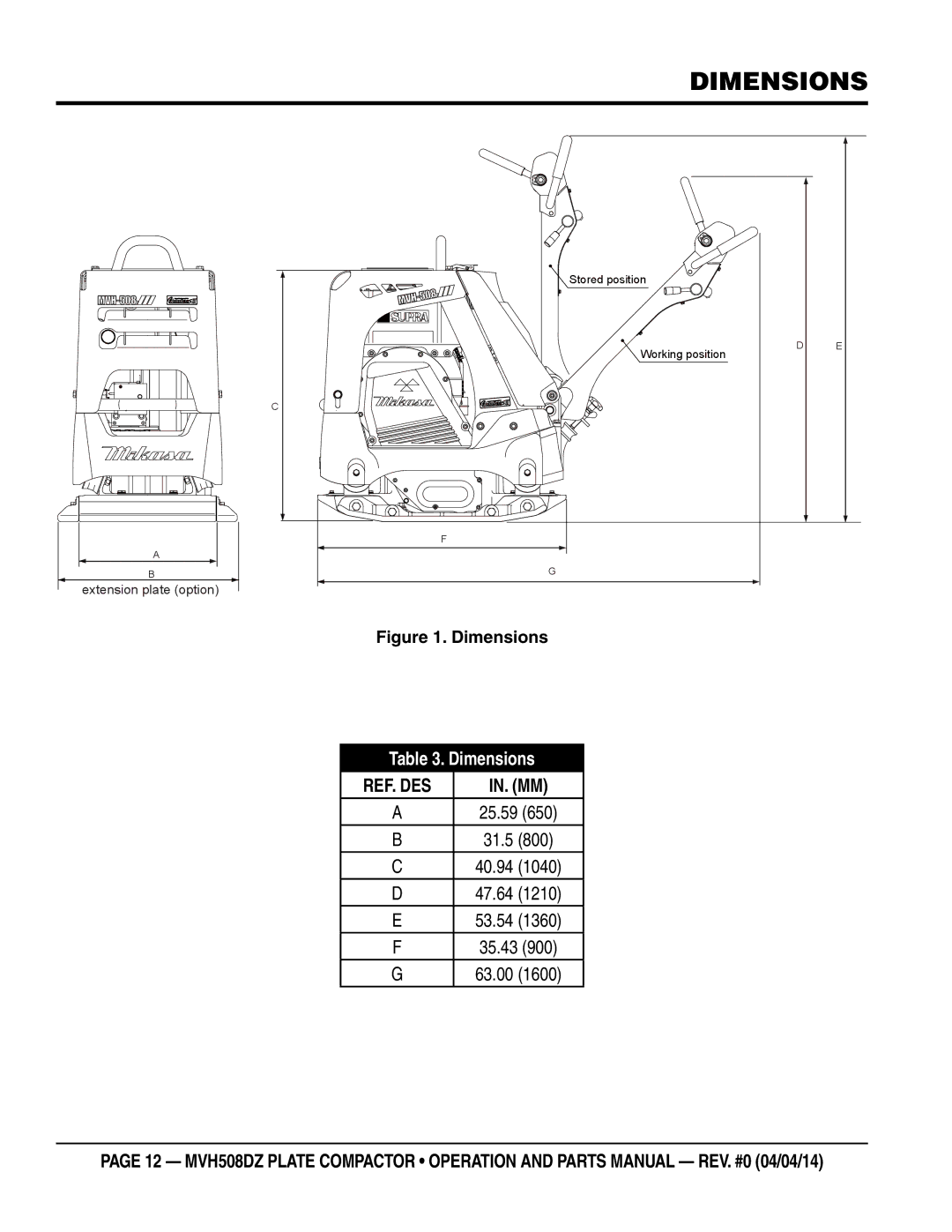 Multiquip HATZ1D81S-325 manual Dimensions, 25.59 31.5 40.94 47.64 53.54 35.43 63.00 