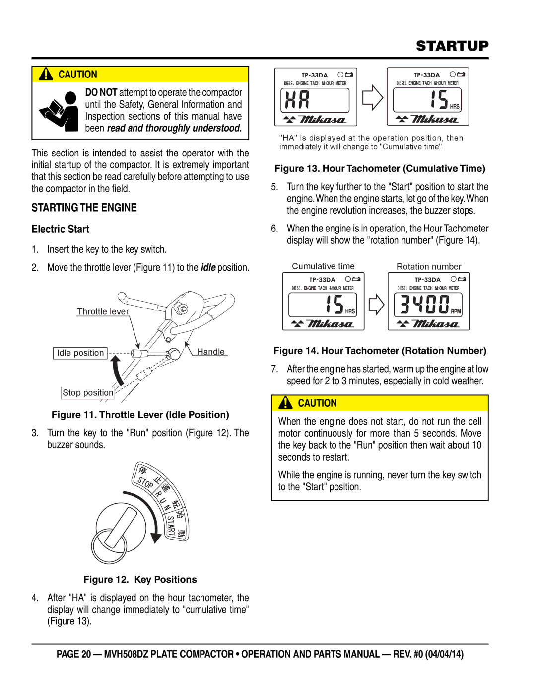 Multiquip HATZ1D81S-325 manual Startup, Starting the Engine, Insert the key to the key switch 