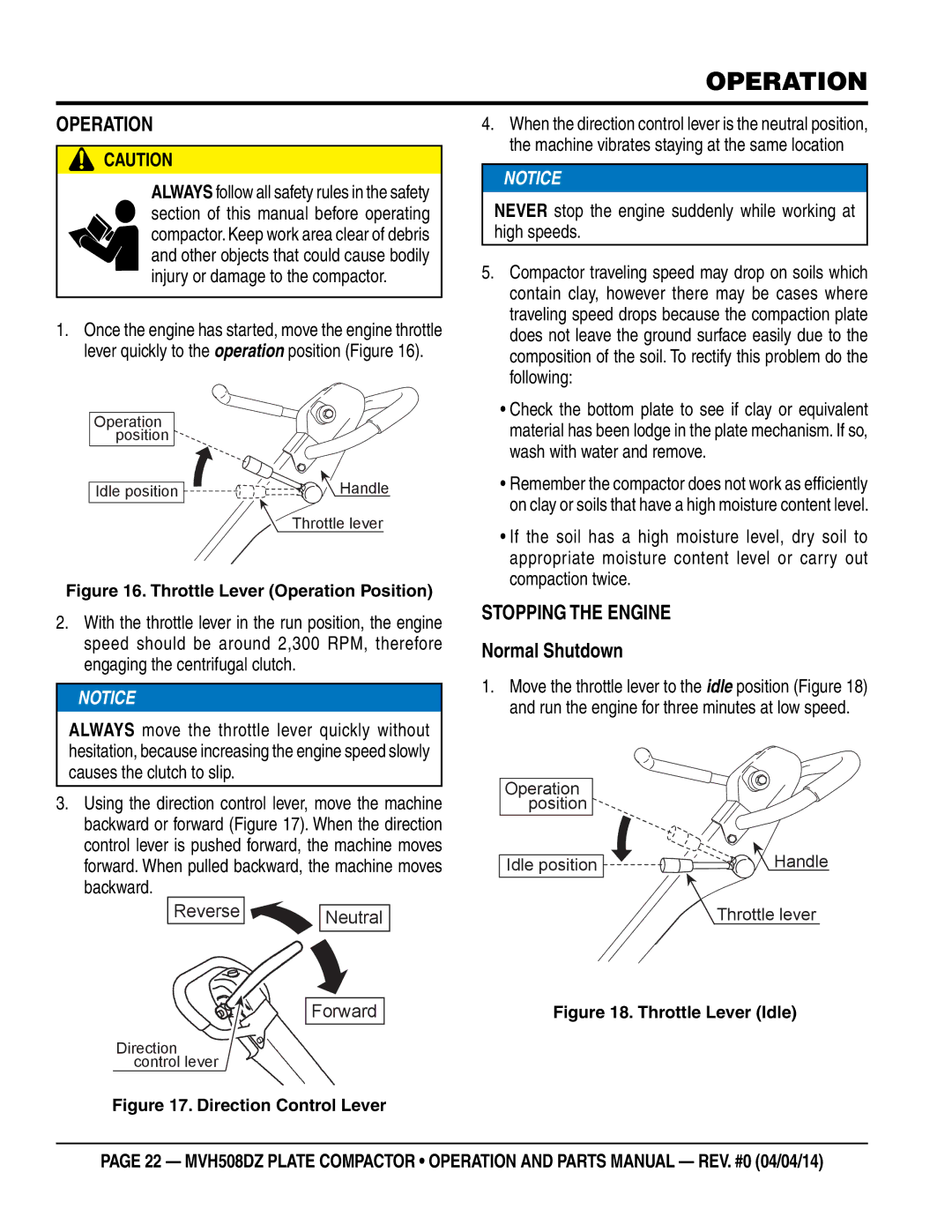 Multiquip HATZ1D81S-325 manual Operation, Stopping the Engine, Never stop the engine suddenly while working at high speeds 