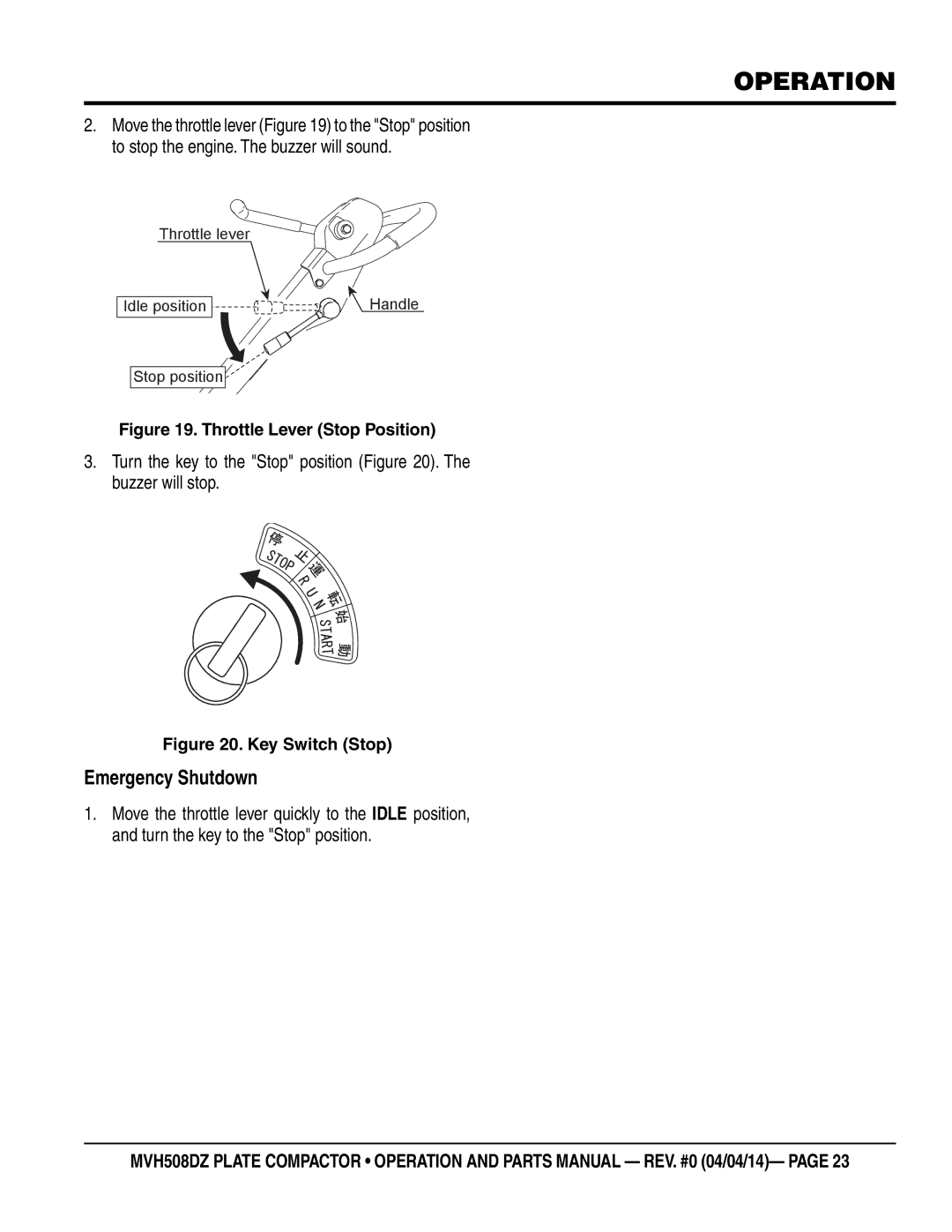 Multiquip HATZ1D81S-325 manual Emergency Shutdown, Turn the key to the Stop position . The buzzer will stop 