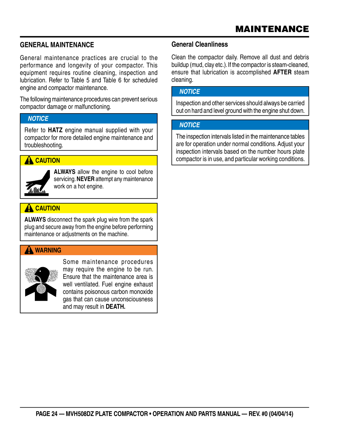 Multiquip HATZ1D81S-325 manual General Maintenance 