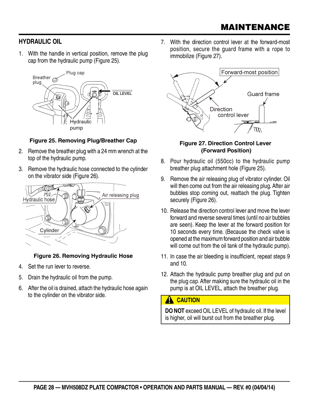 Multiquip HATZ1D81S-325 manual Hydraulic OIL, Case the air bleeding is insufficient, repeat steps 9 