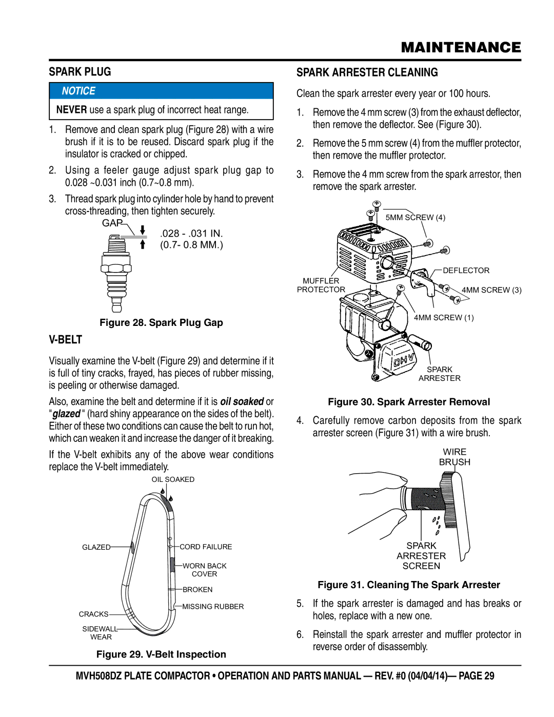 Multiquip HATZ1D81S-325 manual Spark Plug, Belt, Spark Arrester Cleaning 