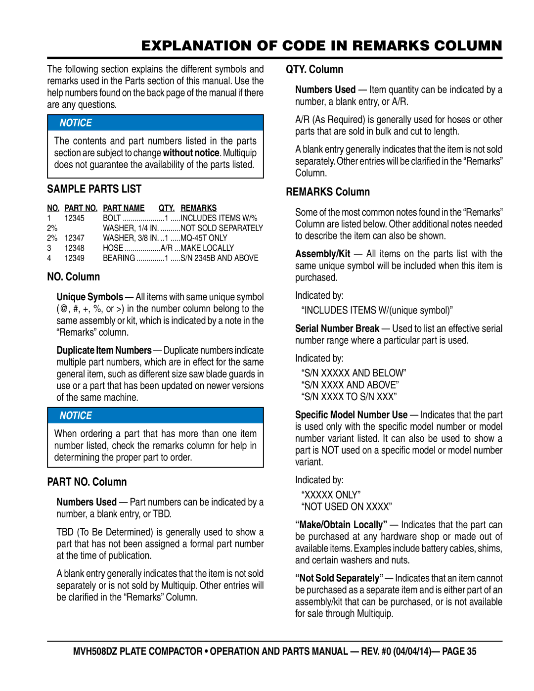 Multiquip HATZ1D81S-325 manual Explanation of Code in Remarks Column, Sample Parts List, Xxxxx only Not Used on 