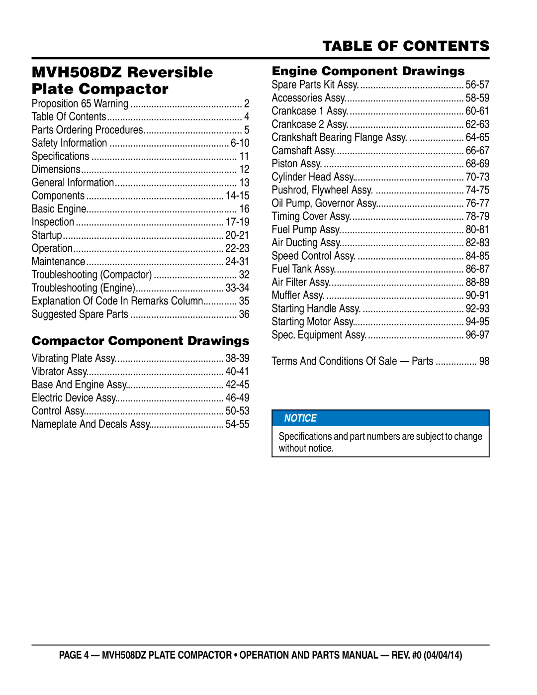 Multiquip HATZ1D81S-325 manual MVH508DZ Reversible Plate Compactor, Table of Contents 