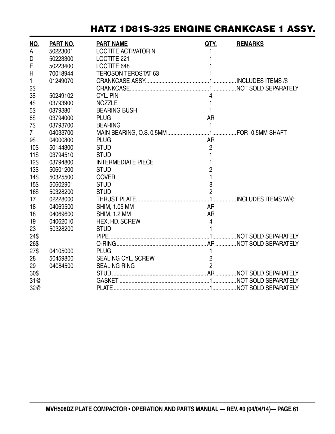 Multiquip HATZ1D81S-325 Includes Items /$, Cyl. Pin, Nozzle, Bearing Bush, For -0.5MM Shaft, Stud, Intermediate Piece 