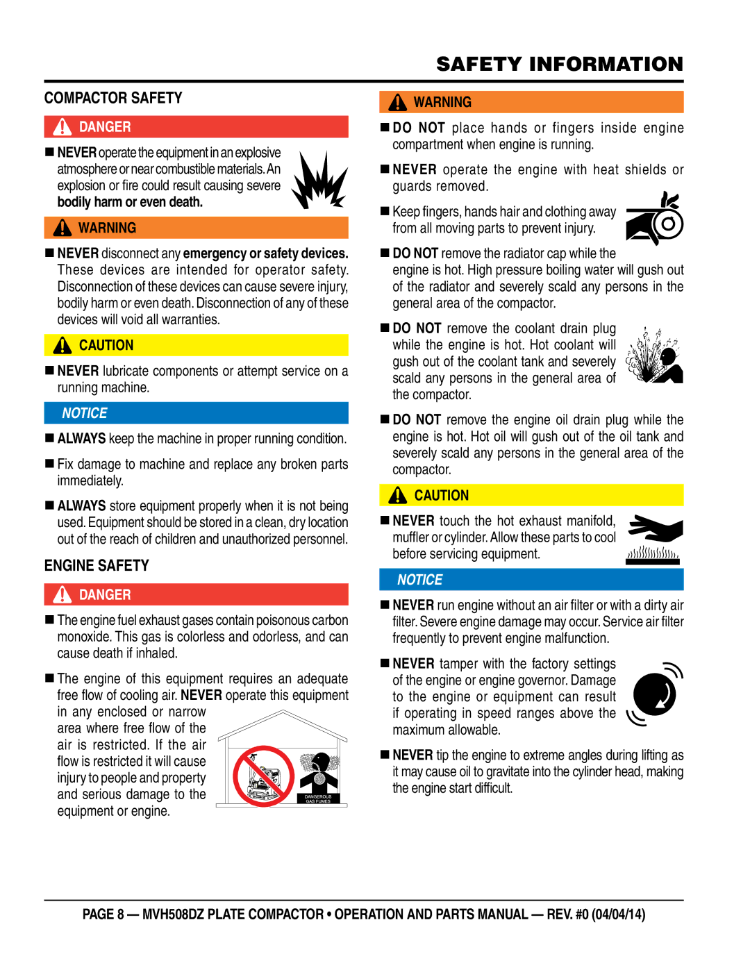 Multiquip HATZ1D81S-325 manual Compactor Safety, Engine Safety, Before servicing equipment 