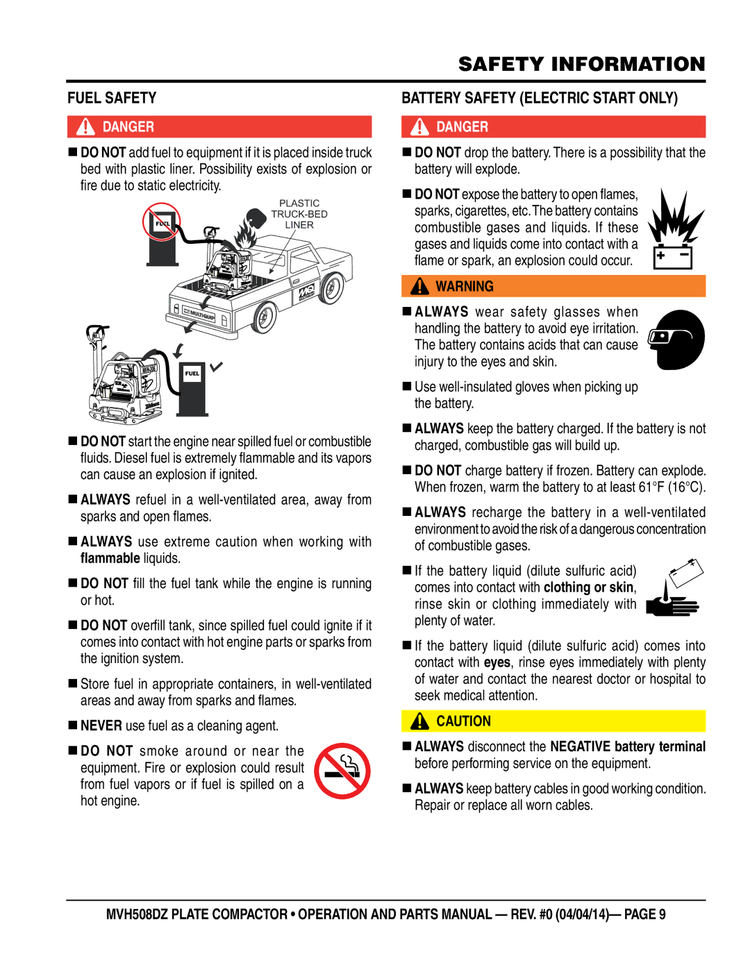 Multiquip HATZ1D81S-325 manual Fuel Safety, Battery Safety Electric Start only 