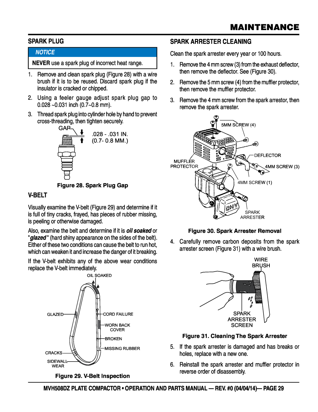 Multiquip HATZ1D81S-325 manual Spark Plug, V-Belt, Spark Arrester Cleaning, Maintenance 