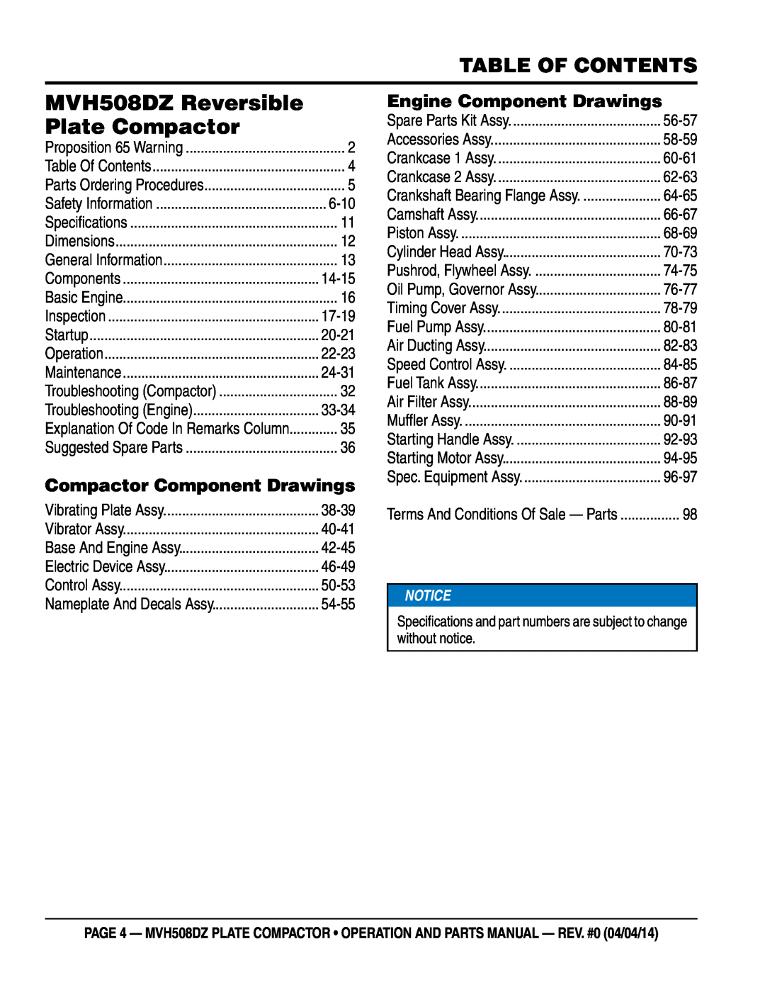 Multiquip HATZ1D81S-325 Table Of Contents, Compactor Component Drawings, Engine Component Drawings, MVH508DZ Reversible 