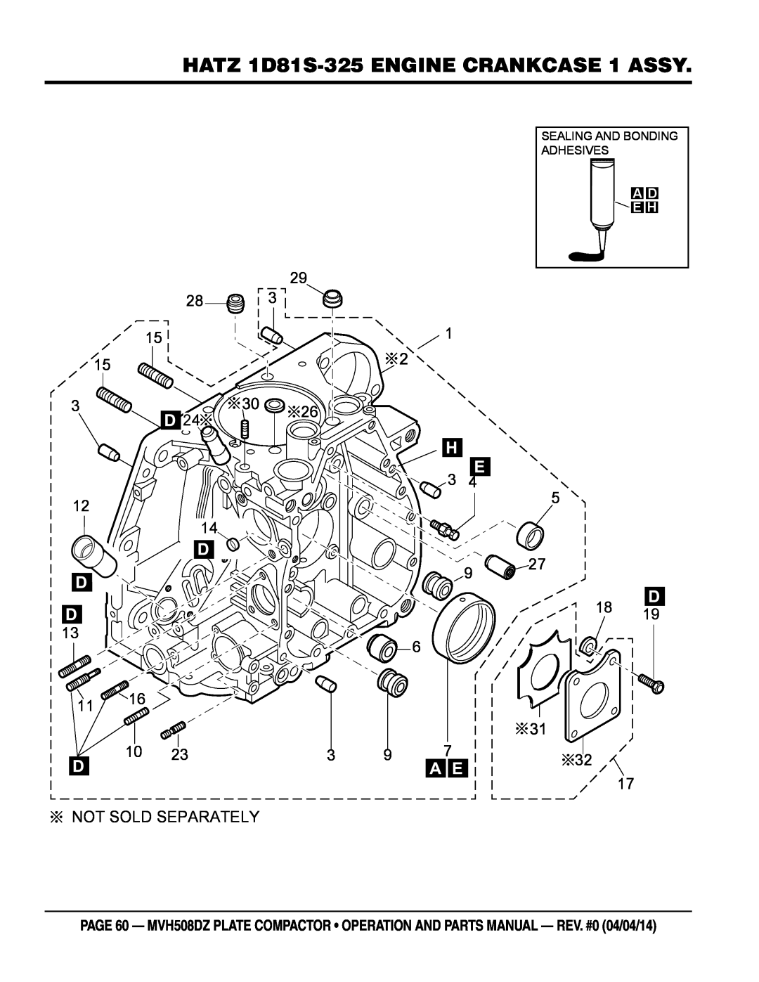 Multiquip HATZ1D81S-325 manual HATZ 1D81S-325 ENGINE CRANKCASE 1 ASSY, Not Sold Separately, A D E H 