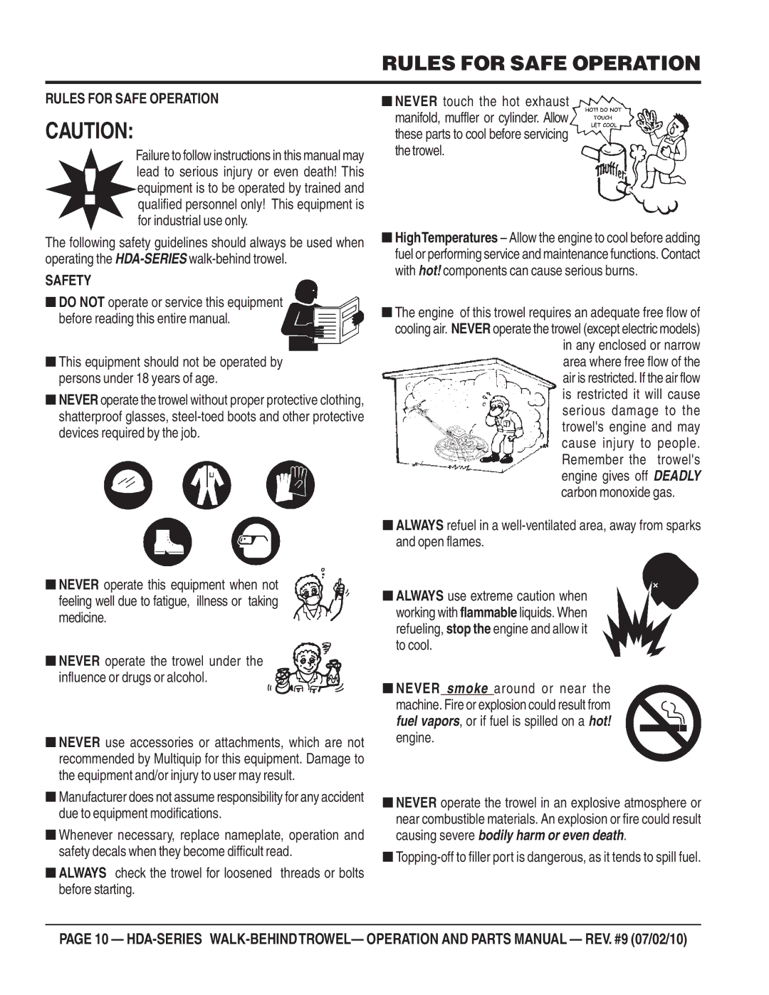 Multiquip hda-series manual Rules for Safe Operation, Safety 