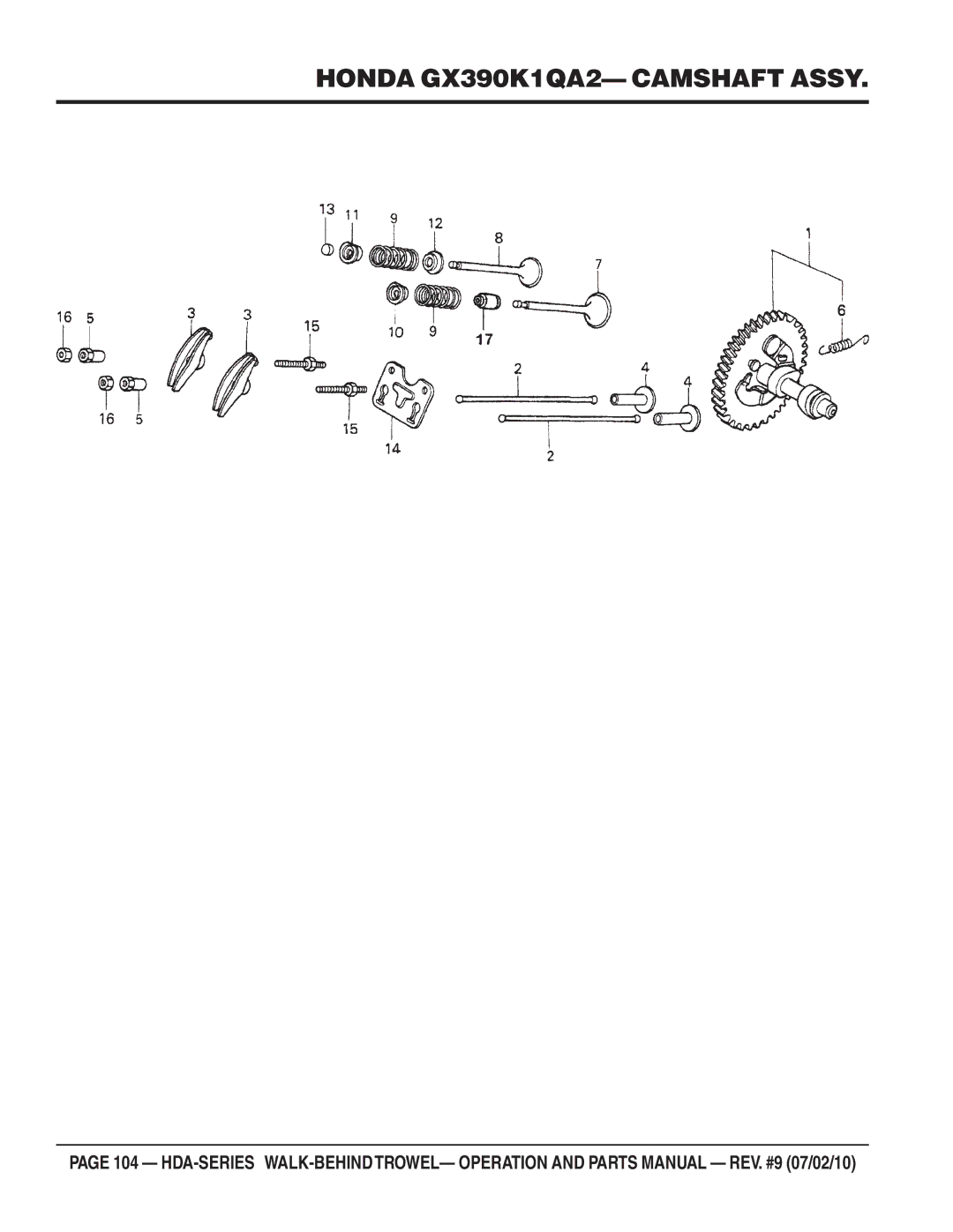 Multiquip hda-series manual Honda GX390K1QA2- Camshaft Assy 