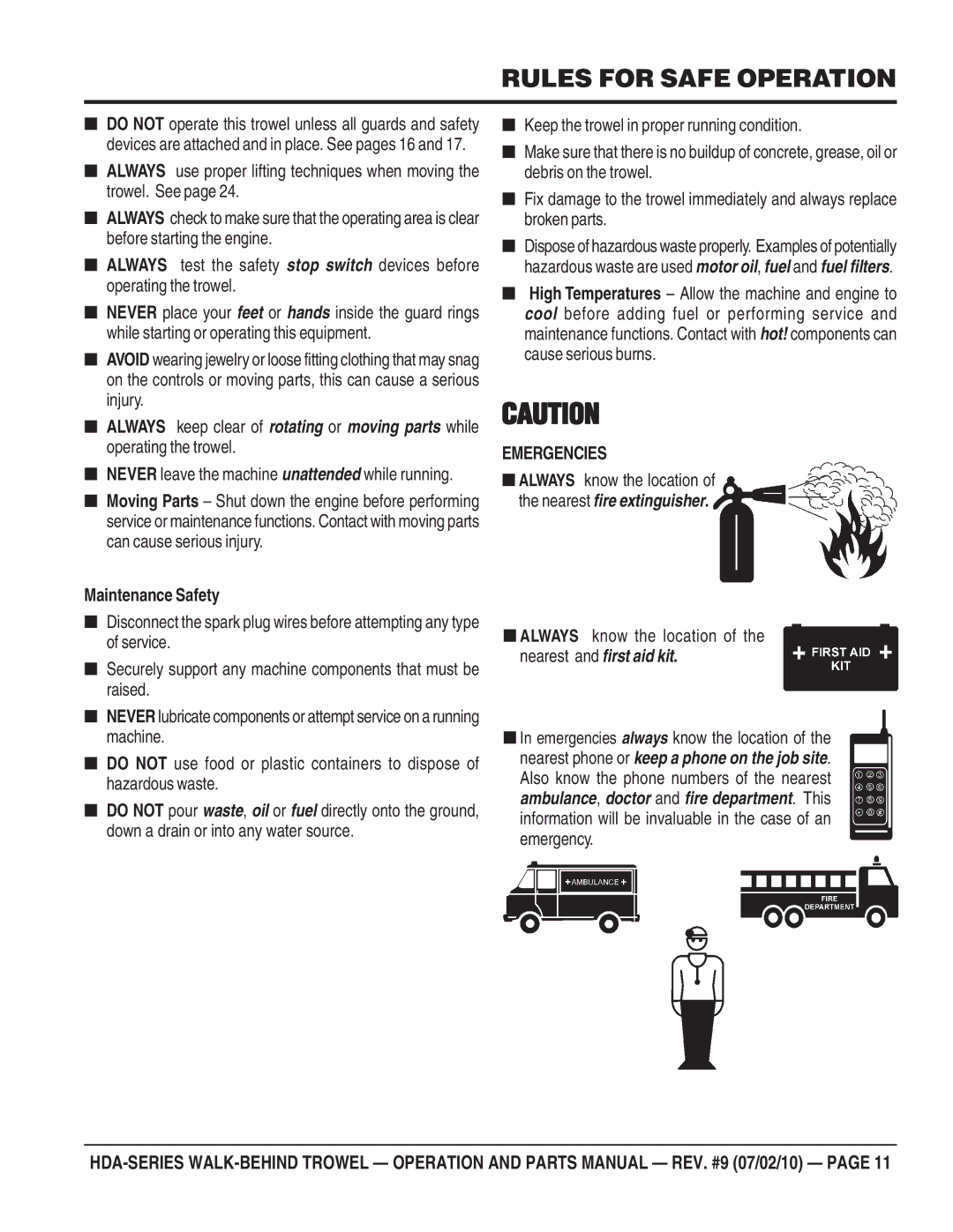 Multiquip hda-series manual Maintenance Safety, Emergencies, Always know the location of the nearest and first aid kit 