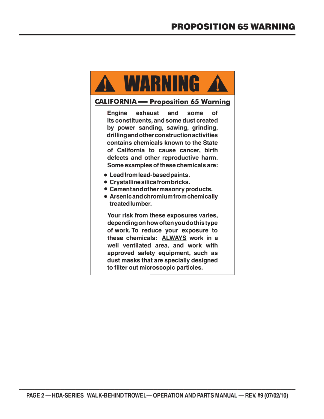 Multiquip hda-series manual Proposition 65 Warning 