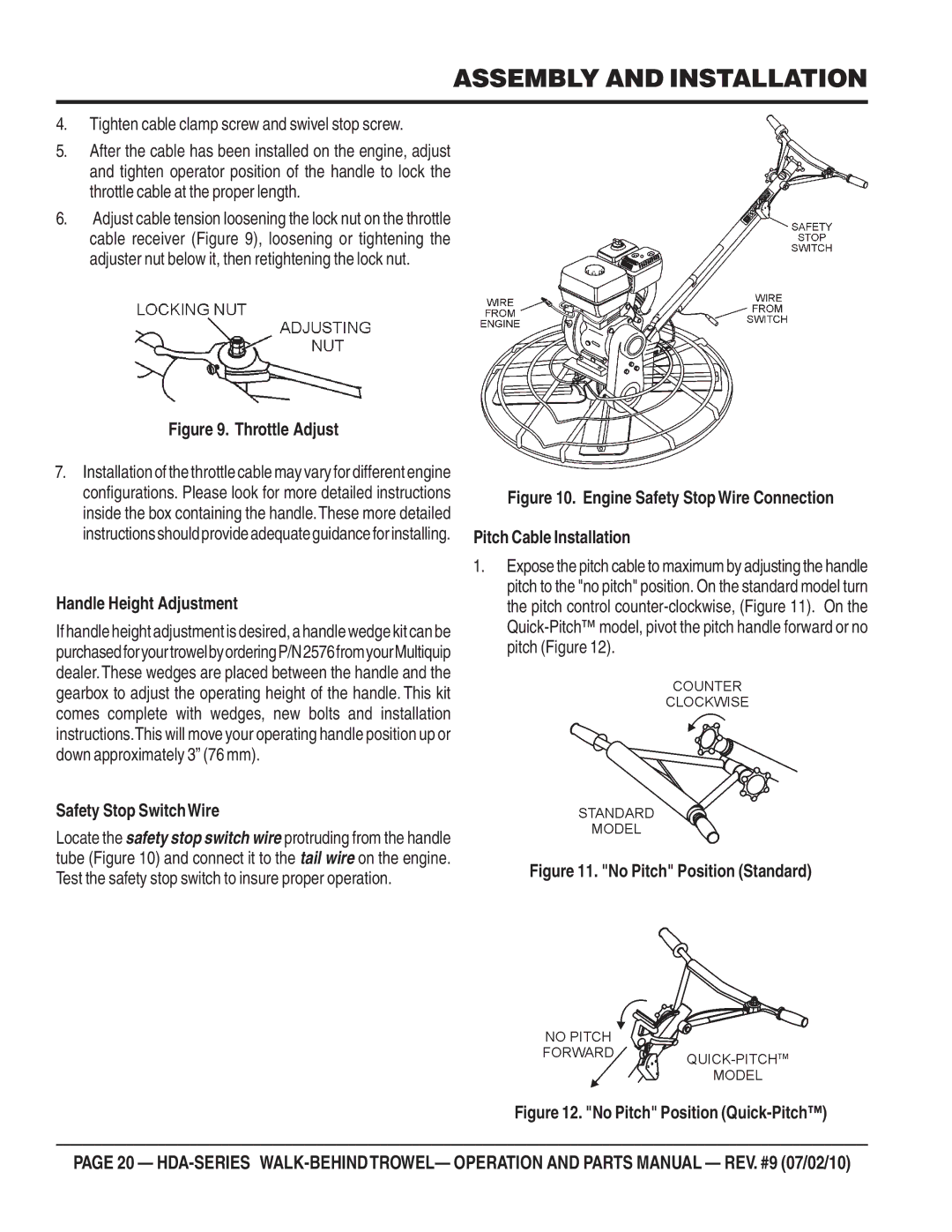 Multiquip hda-series Tighten cable clamp screw and swivel stop screw, Handle Height Adjustment, Safety Stop SwitchWire 