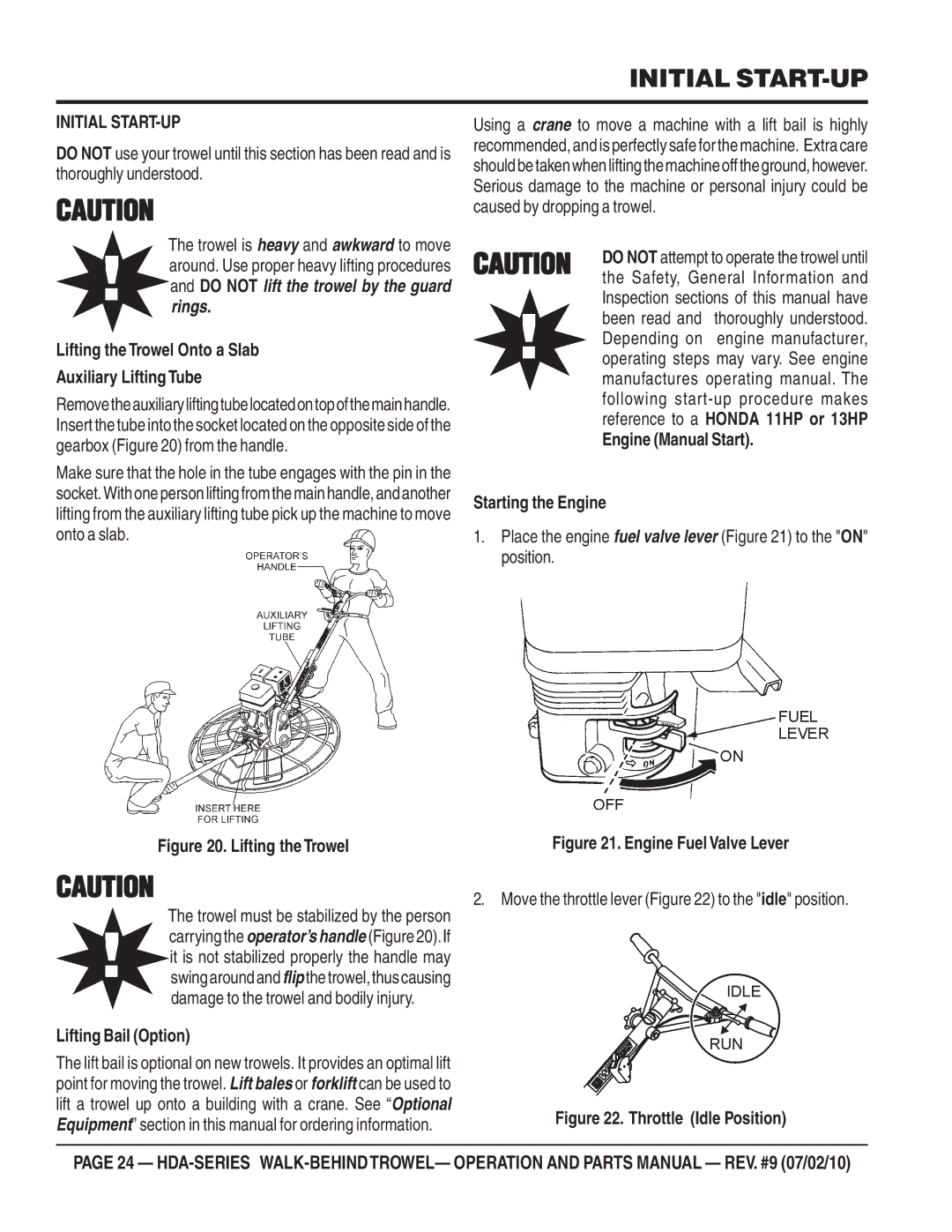 Multiquip hda-series manual Initial START-UP, Lifting the Trowel Onto a Slab Auxiliary Lifting Tube, Lifting Bail Option 