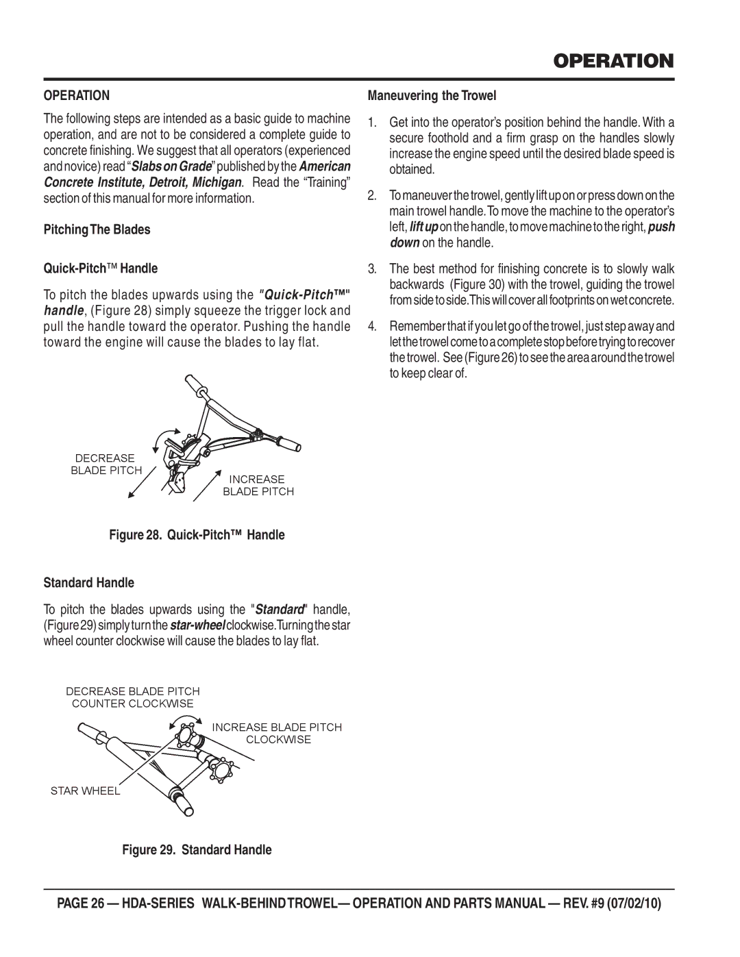 Multiquip hda-series manual Operation, PitchingThe Blades Quick-PitchHandle 