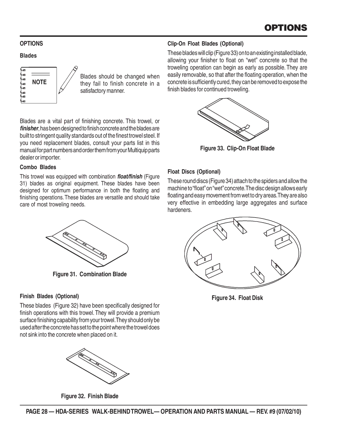 Multiquip hda-series manual Options, Clip-On Float Blades Optional, Combo Blades, Finish Blades Optional 