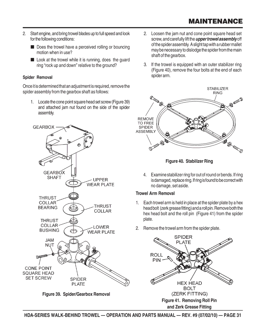 Multiquip hda-series manual Spider Removal, Trowel Arm Removal, Remove the trowel arm from the spider plate 