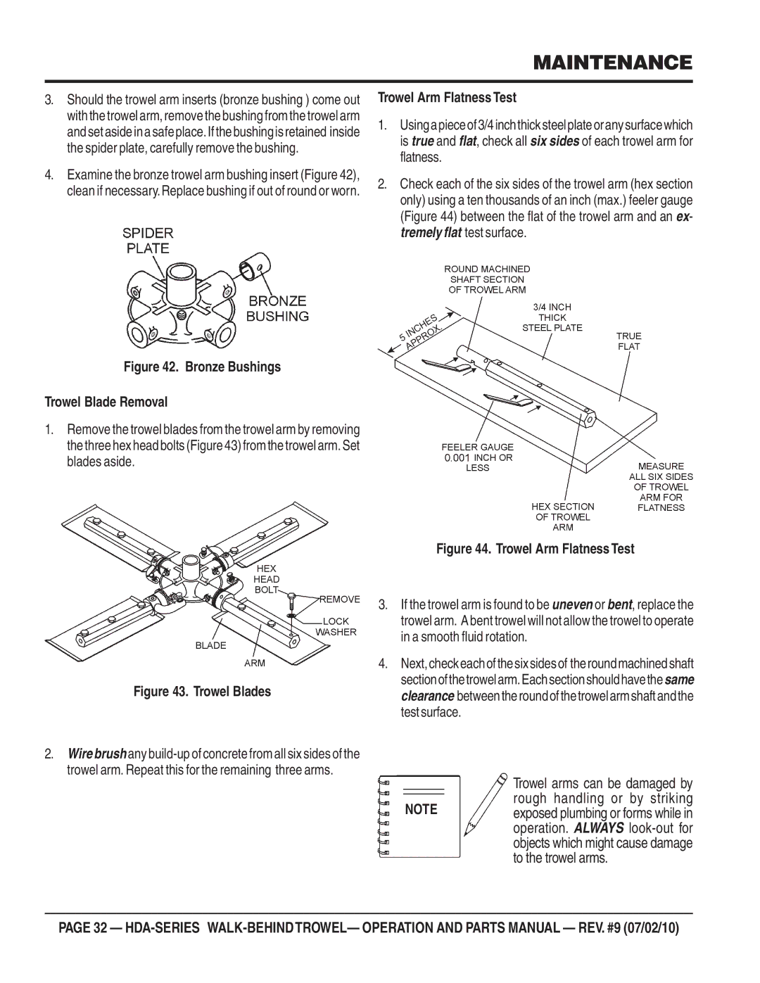 Multiquip hda-series manual Bronze Bushings Trowel Blade Removal, Trowel Arm Flatness Test 