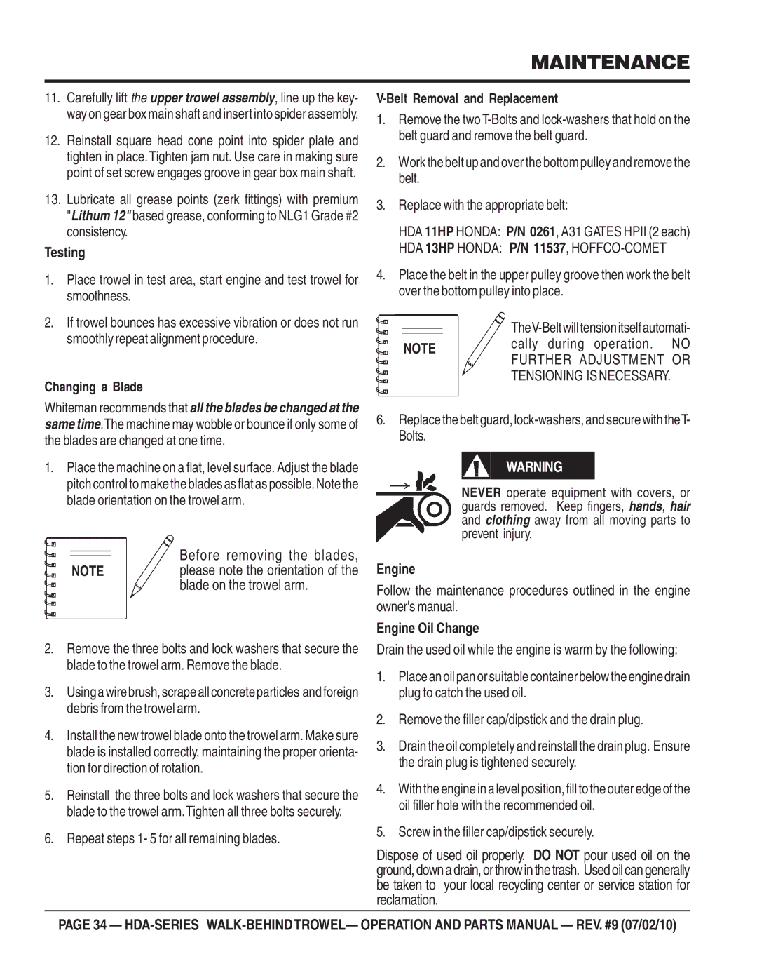 Multiquip hda-series manual Before removing the blades, Testing, Changing a Blade Belt Removal and Replacement 