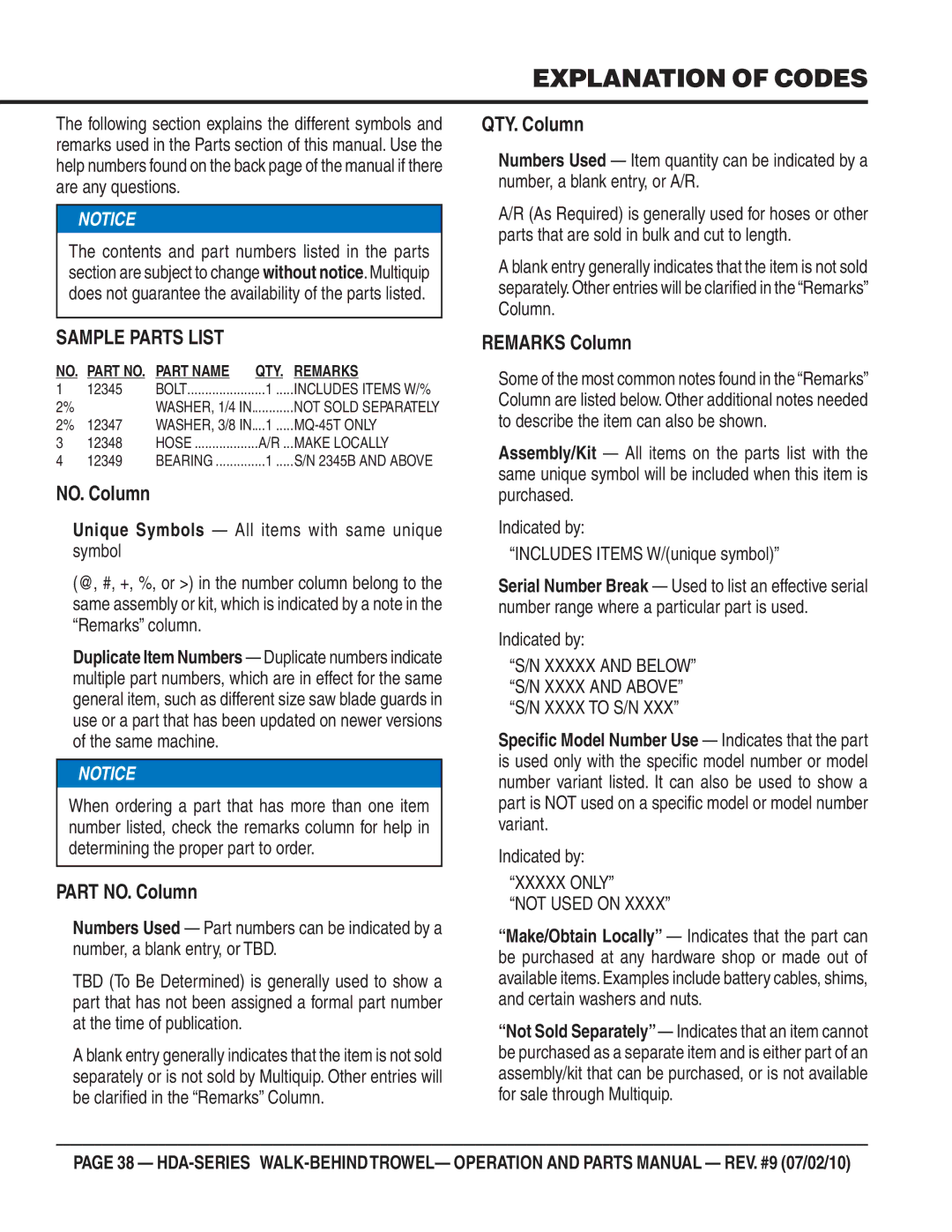 Multiquip hda-series manual Explanation of Codes, Xxxxx only Not Used on 