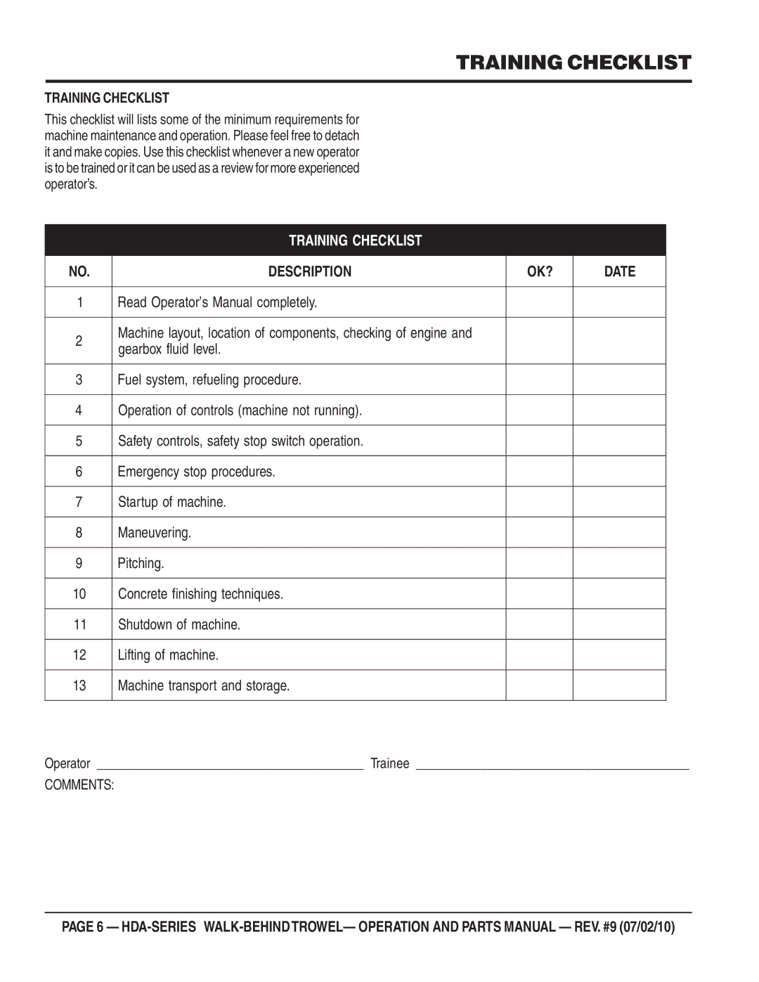 Multiquip hda-series manual Training Checklist, Read Operator’s Manual completely 