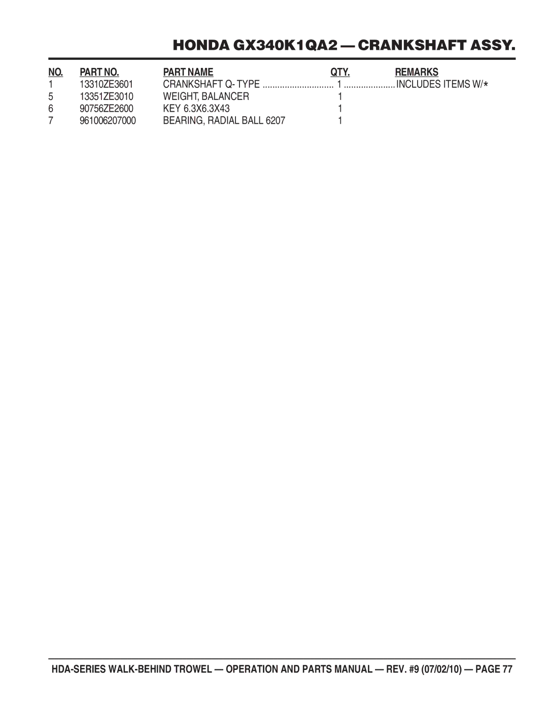 Multiquip hda-series manual 13310ZE3601, 13351ZE3010, WEIGHT, Balancer, 90756ZE2600 KEY 961006207000 