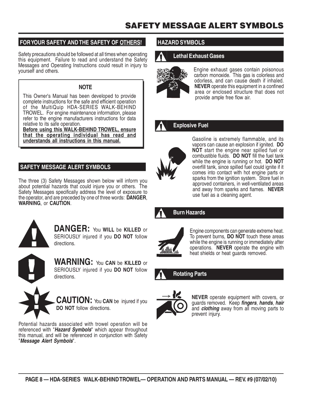 Multiquip hda-series manual Safety Message Alert Symbols, Do not follow directions 