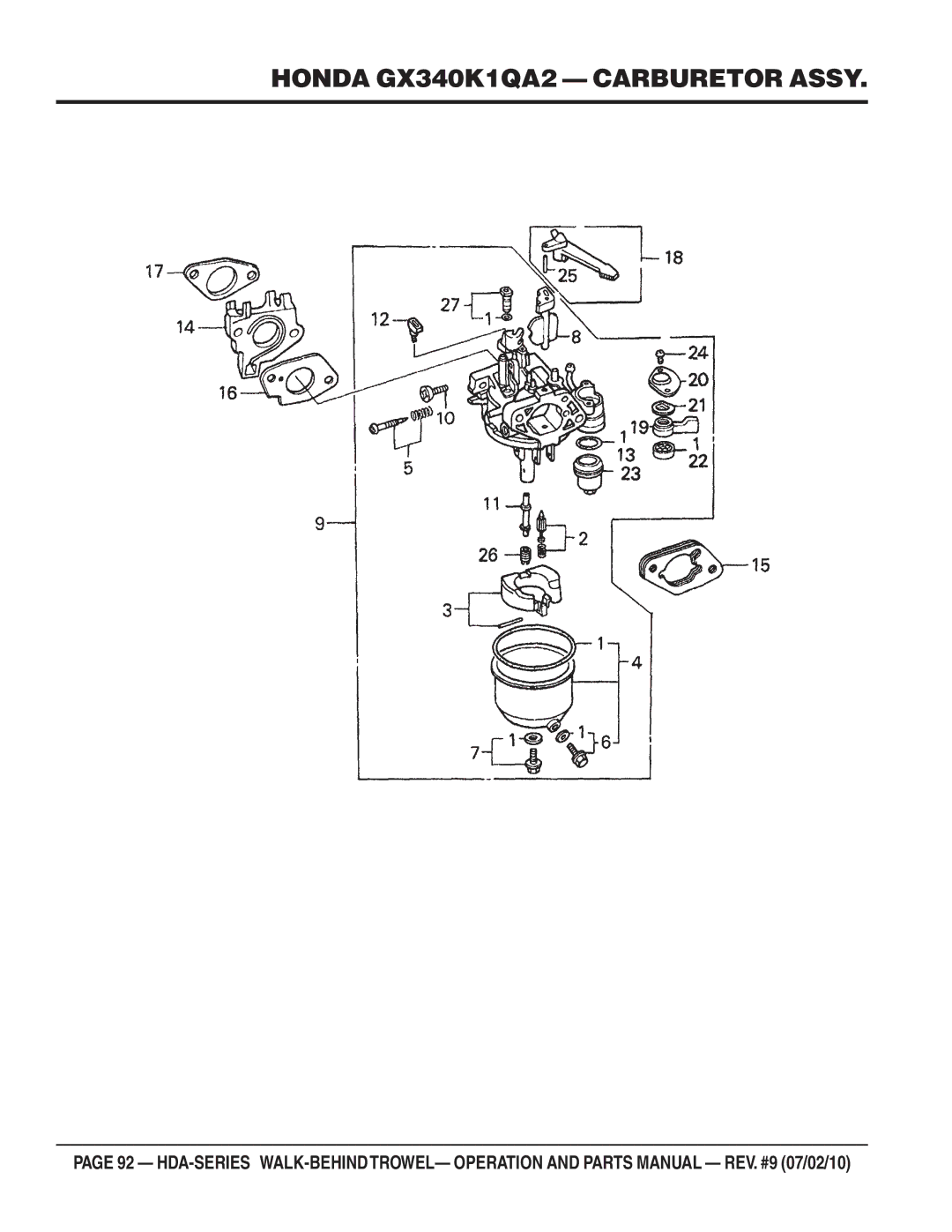 Multiquip hda-series manual Honda GX340K1QA2 Carburetor Assy 