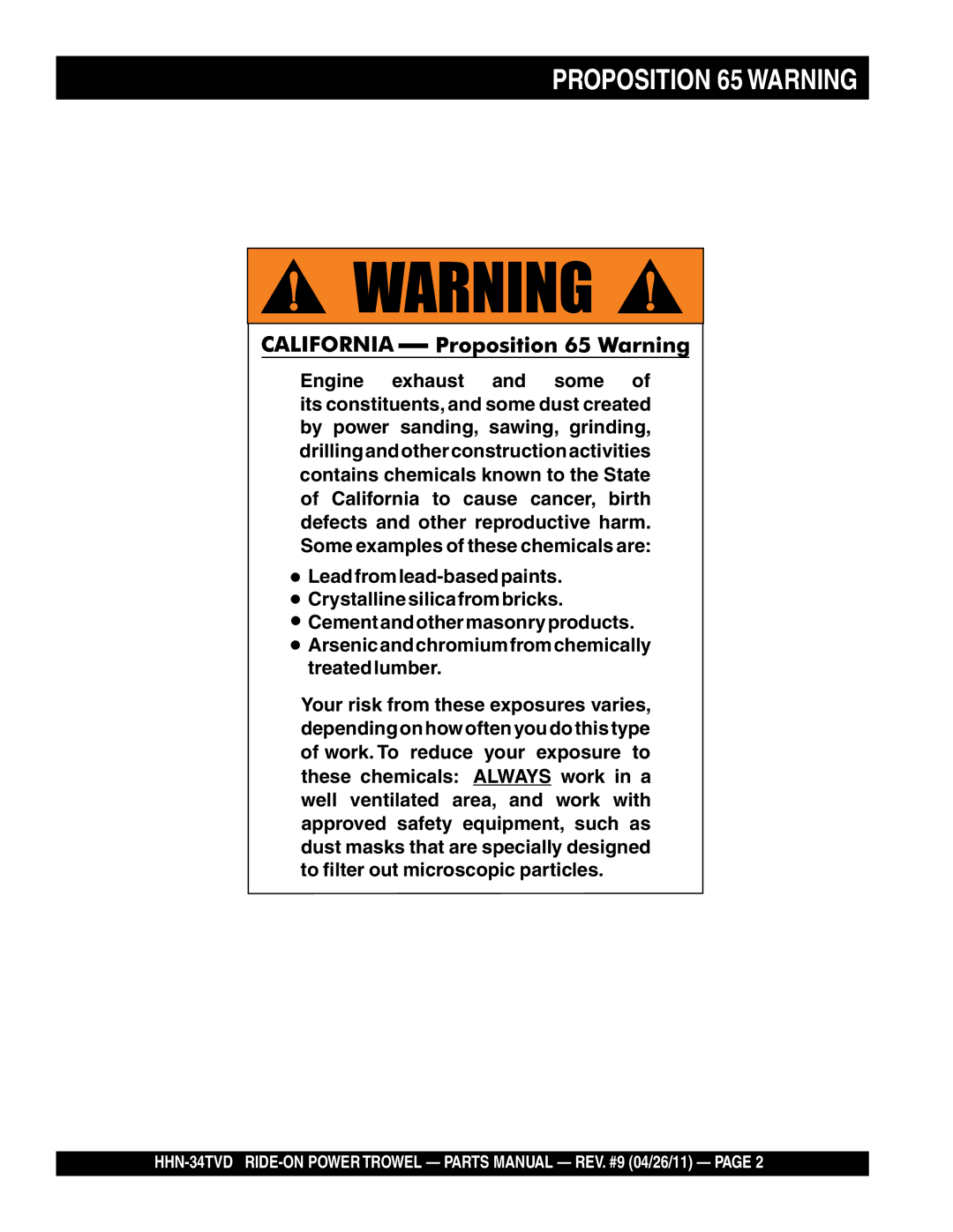 Multiquip HHN-34TVD manual Proposition 65 Warning 