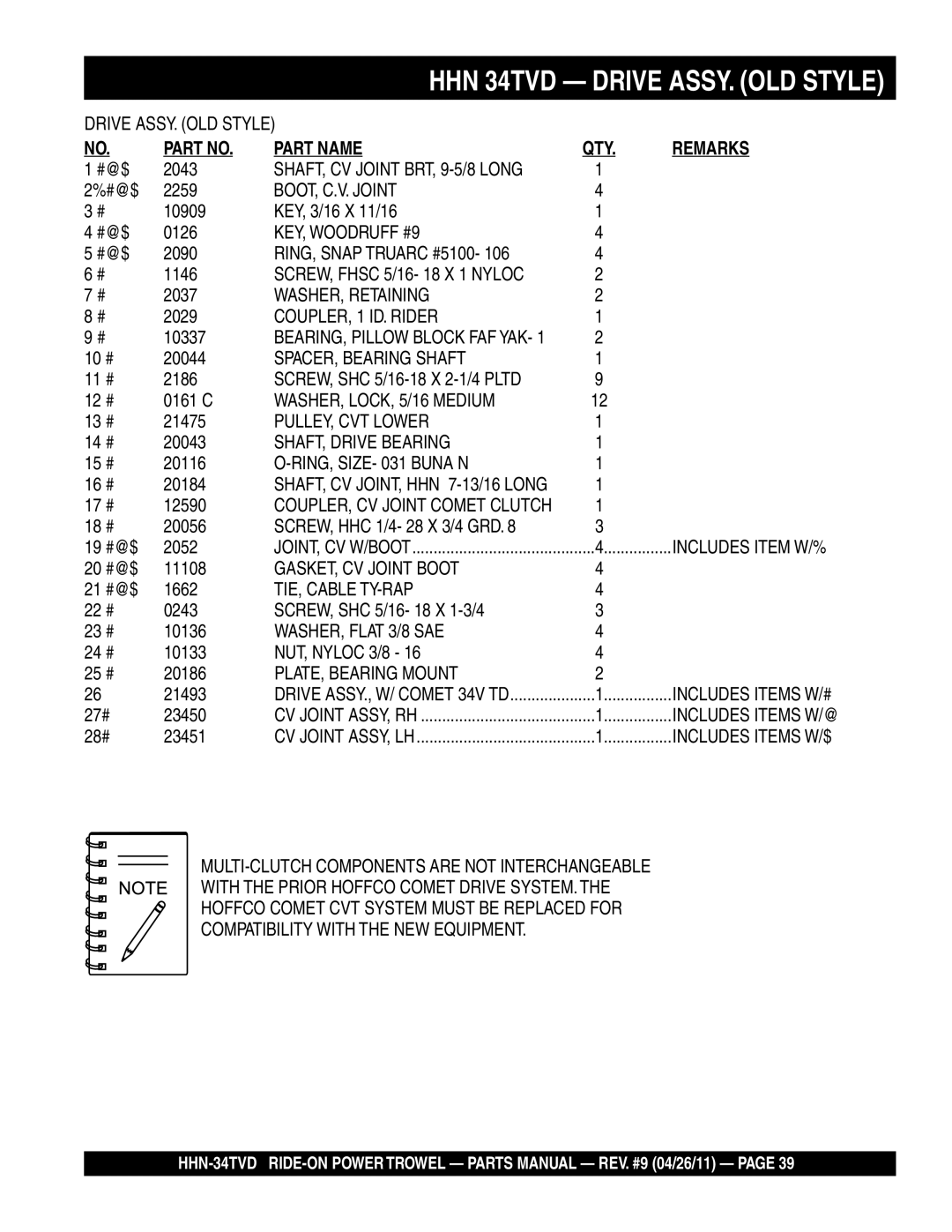 Multiquip HHN-34TVD manual SHAFT, CV Joint BRT, 9-5/8 Long, BOOT, C.V. Joint, WASHER, Retaining, COUPLER, 1 ID. Rider 