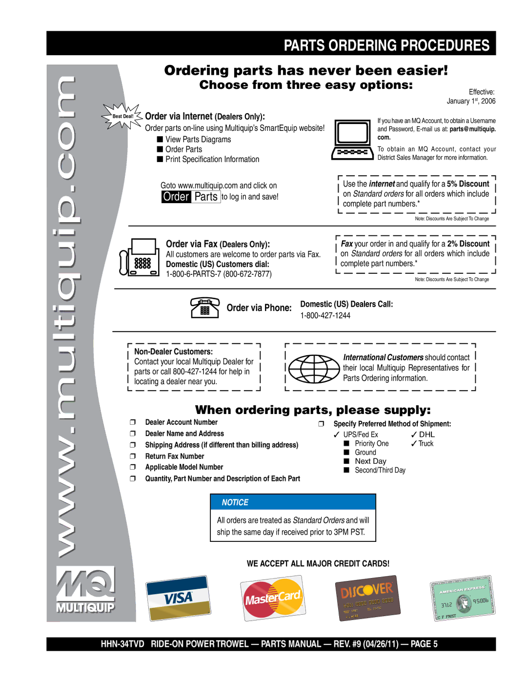 Multiquip HHN-34TVD manual Parts Ordering Procedures, Ordering parts has never been easier 