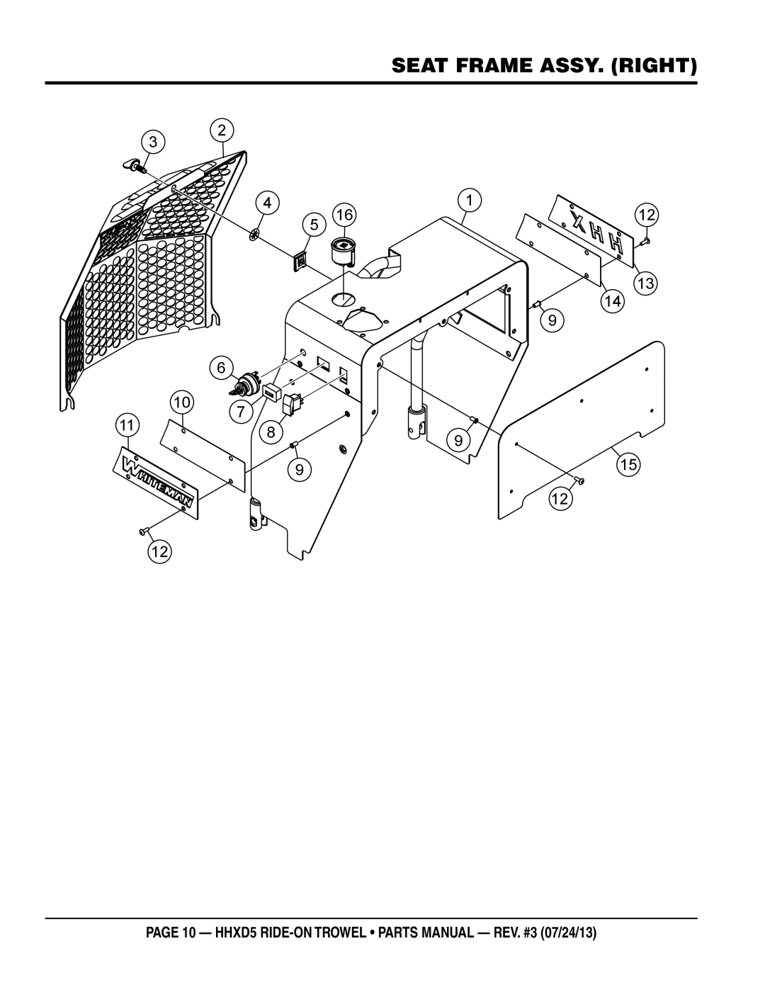 Multiquip HHSD5 manual Seat Frame ASSY. right 