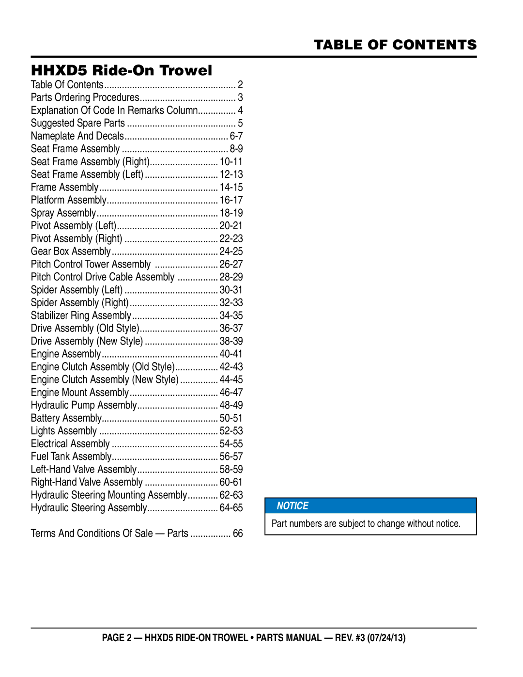 Multiquip HHSD5 manual HHXD5 Ride-On Trowel, Table of Contents 