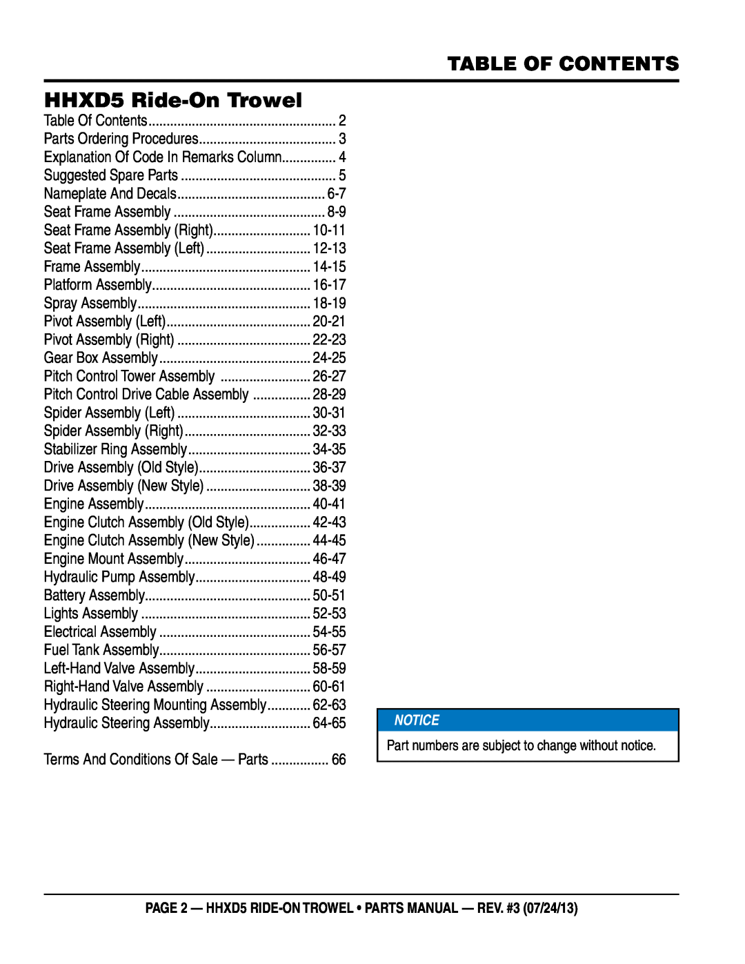 Multiquip HHSD5 Table of Contents, page 2 - HHXD5 RIDE-ON TROWEL parts manual - rev. #3 07/24/13, HHXD5 Ride-On Trowel 