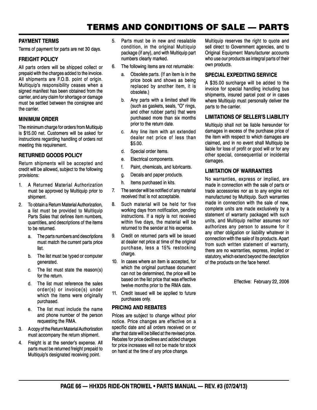 Multiquip HHSD5 Terms and Conditions of Sale - Parts, page 66 - HHXD5 RIDE-ON TROWEL parts manual - rev. #3 07/24/13 