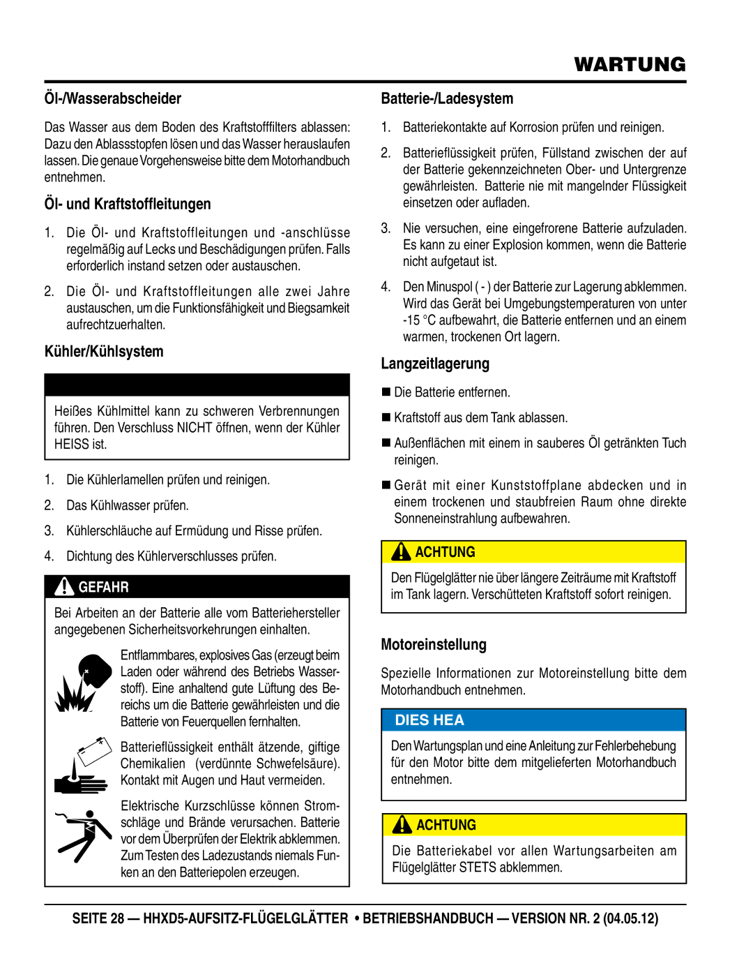 Multiquip HHXD5 manual Öl-/Wasserabscheider, Öl- und Kraftstoffleitungen, Kühler/Kühlsystem, Batterie-/Ladesystem 