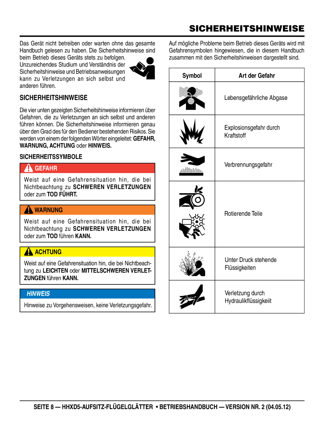 Multiquip HHXD5 manual Sicherheitshinweise, SicHeRHeitSHinWeiSe, Explosionsgefahr durch 