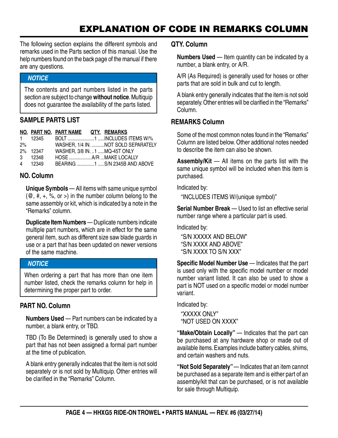 Multiquip HHXG5 manual Explanation of Code in Remarks Column, Xxxxx only 