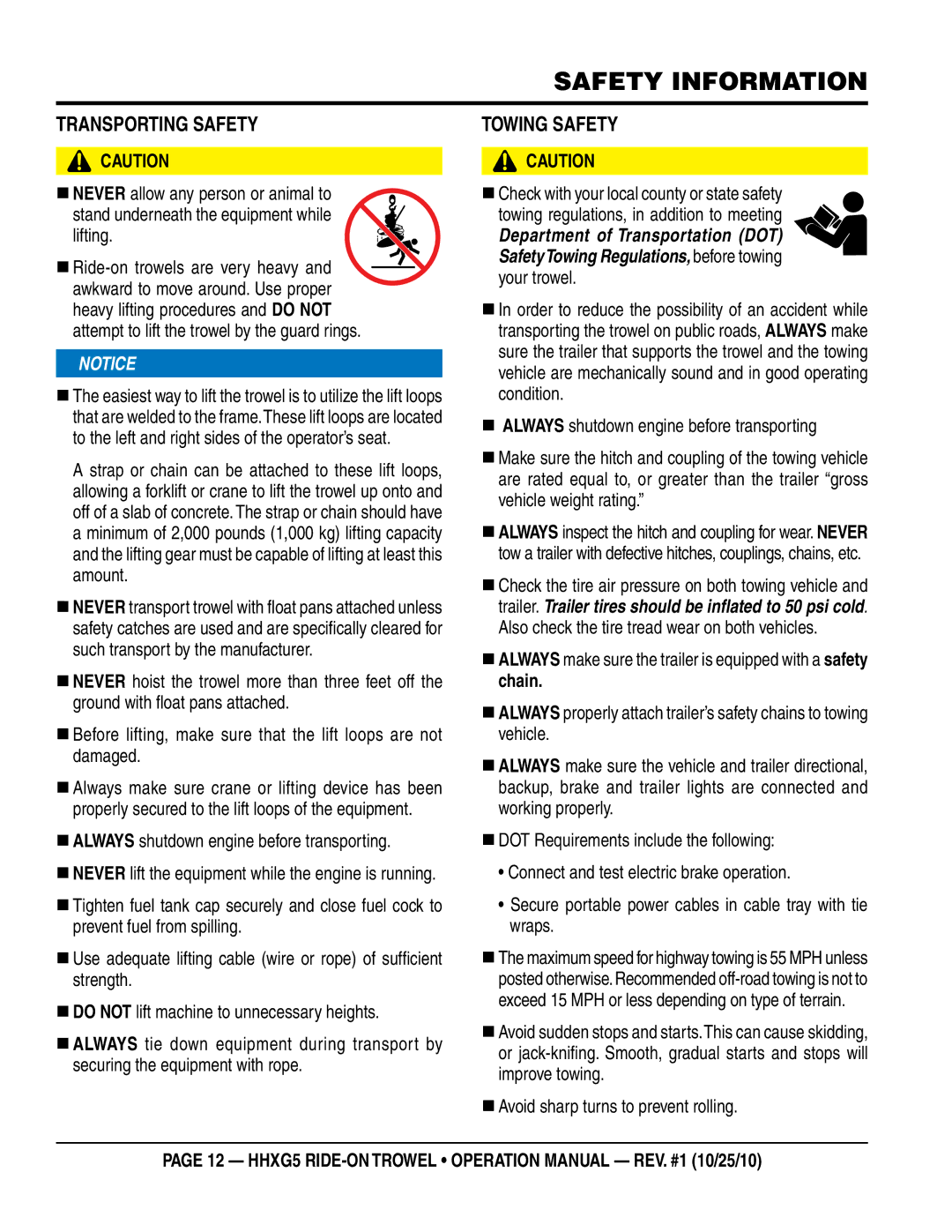 Multiquip HHXG5 operation manual TRaNSpORTINg SaFeTY, TOWINg SaFeTY, Lifting, „ aLWaYS shutdown engine before transporting 