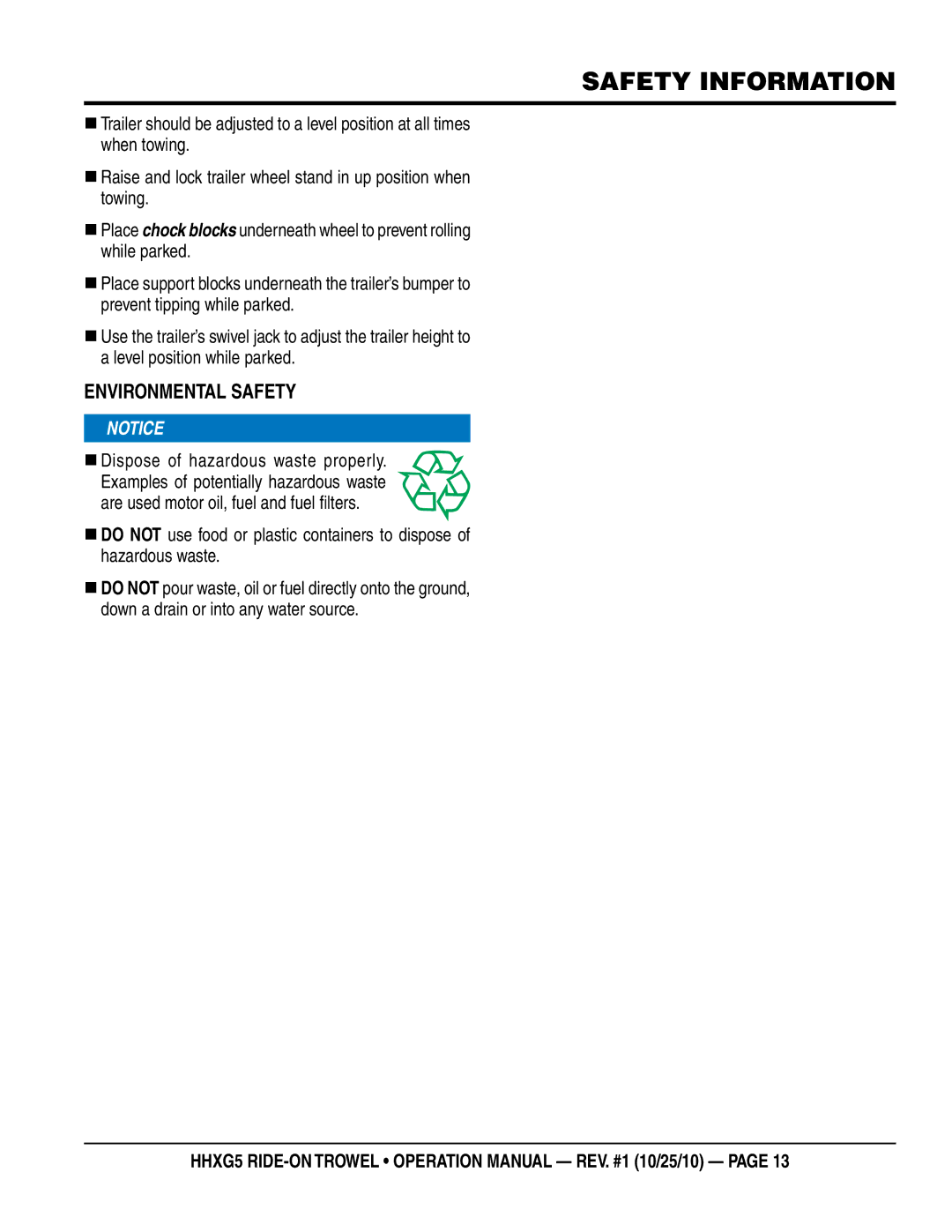 Multiquip HHXG5 operation manual ENvIRONmeNTaL SaFeTY 