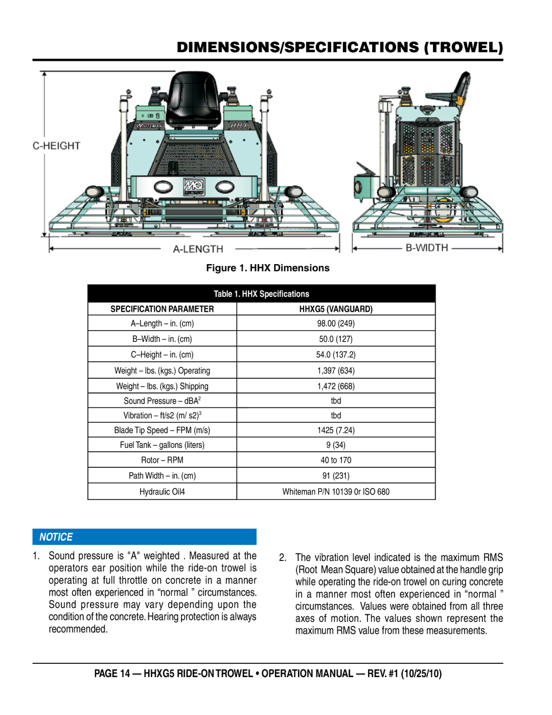 Multiquip HHXG5 operation manual DIMENSIONS/SPECIFICATIONS Trowel, HHX Specifications 