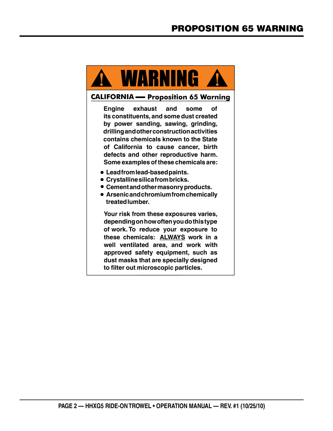 Multiquip HHXG5 operation manual Proposition 65 Warning 