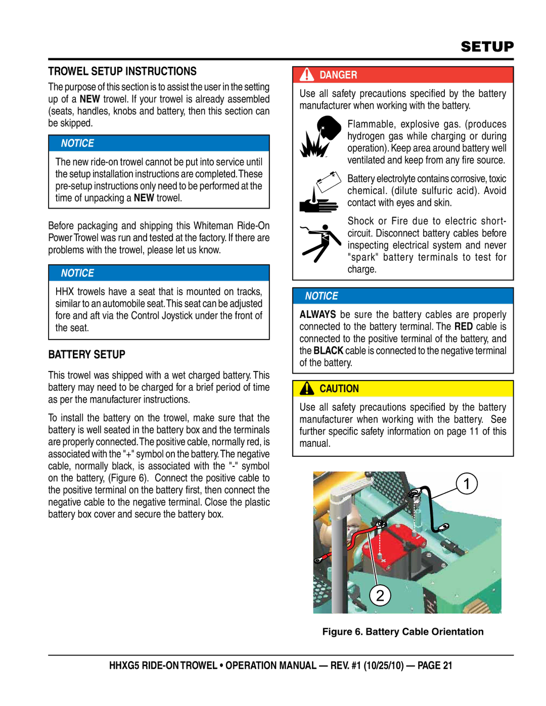 Multiquip HHXG5 operation manual Trowel Setup Instructions, Battery Setup 