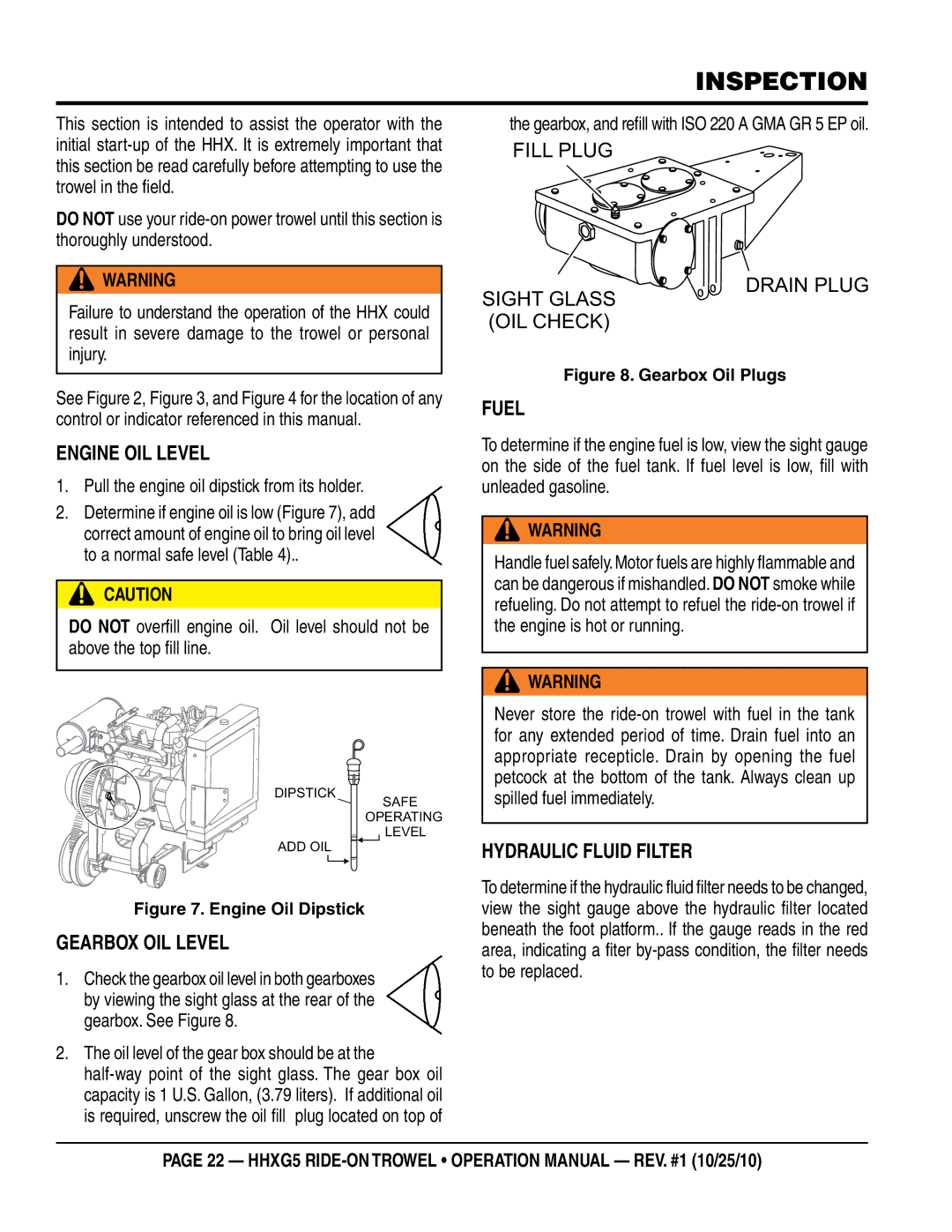 Multiquip HHXG5 Inspection, Engine Oil Level, Gearbox Oil Level, Fuel, Pull the engine oil dipstick from its holder 