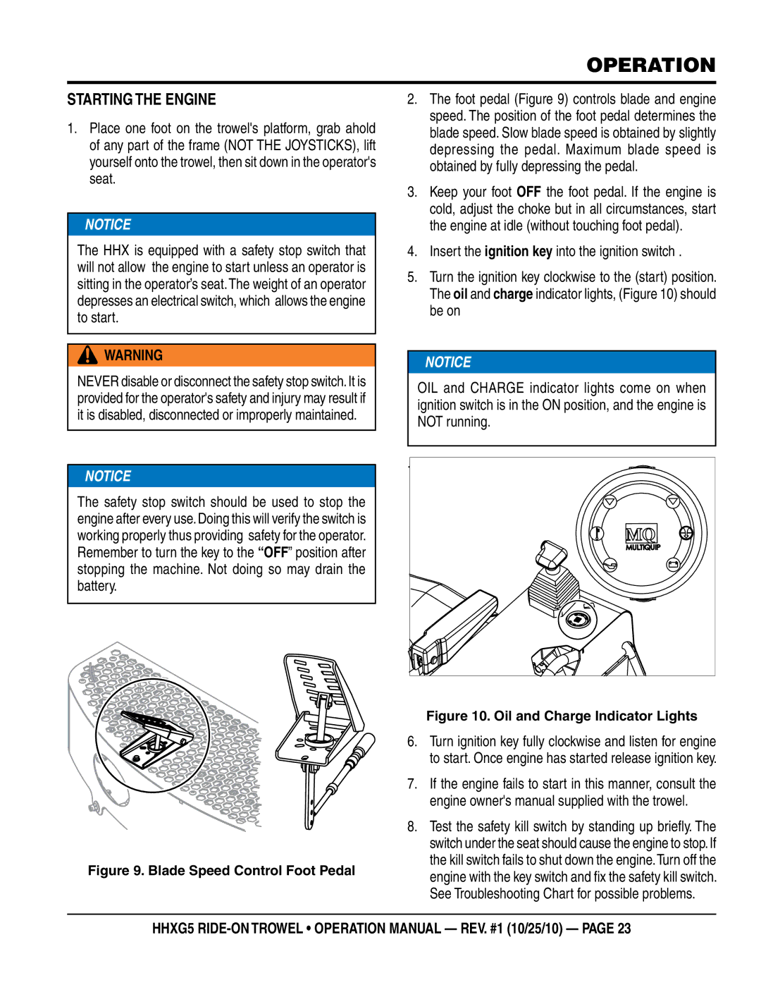 Multiquip HHXG5 operation manual Operation, Starting the Engine 